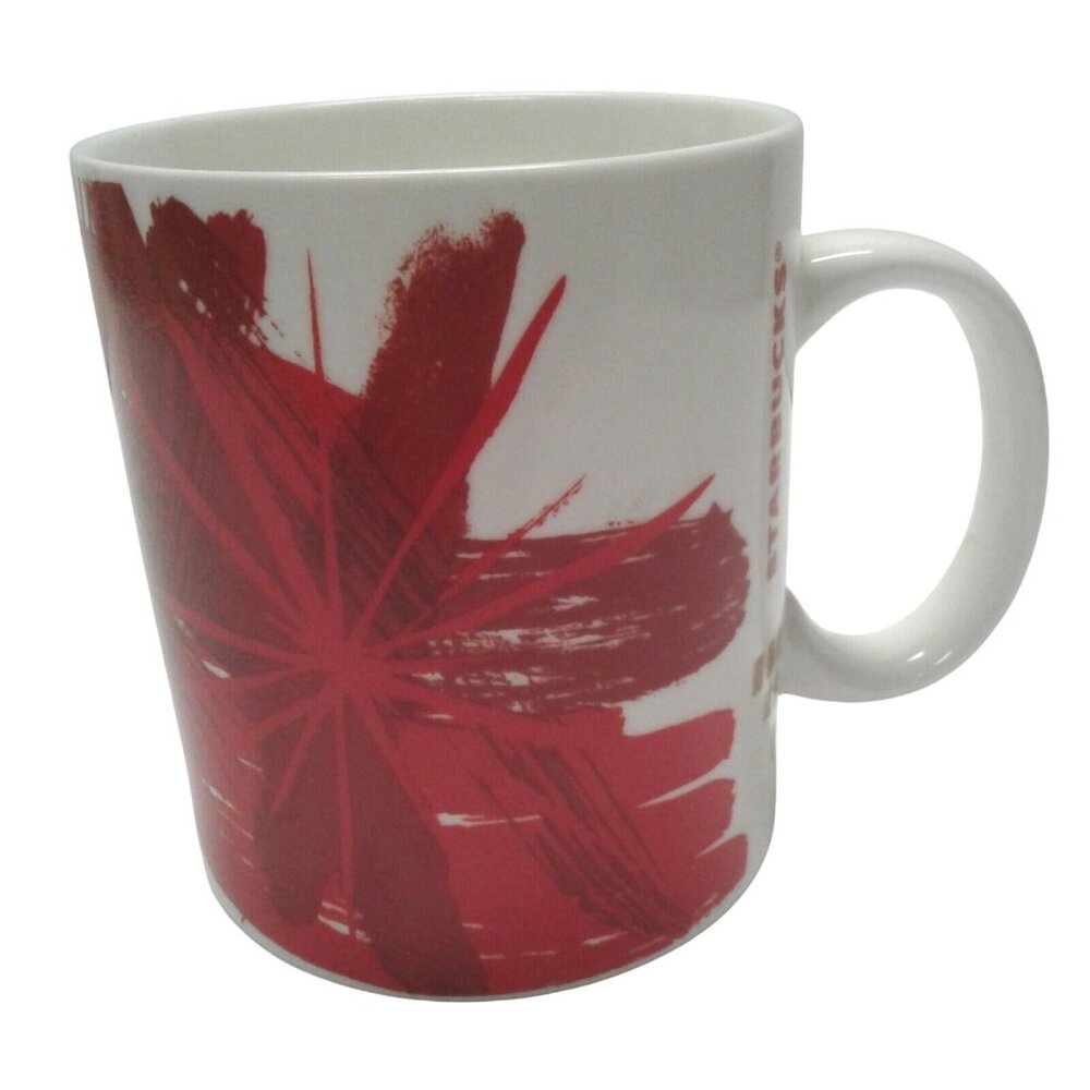 Starbucks 2014 Red Gold Abstract Flower 12 Oz Mug White Ceramic Coffee Tea Cup
